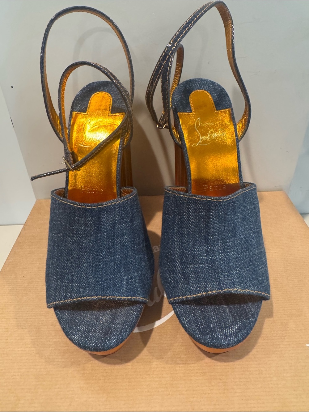 Christian Louboutin Denim Platform Slingback Sandals with Orange Accents - Picture 2 of 3